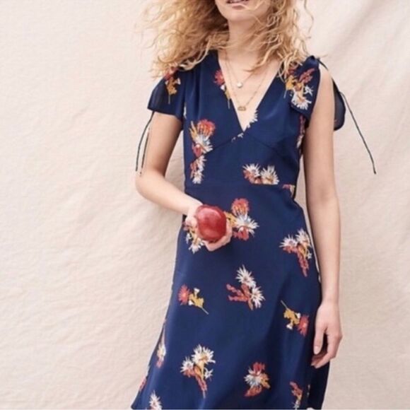 Madewell Silk Poppy Dress Cactus Flower Navy Mini - Picture 2 of 12